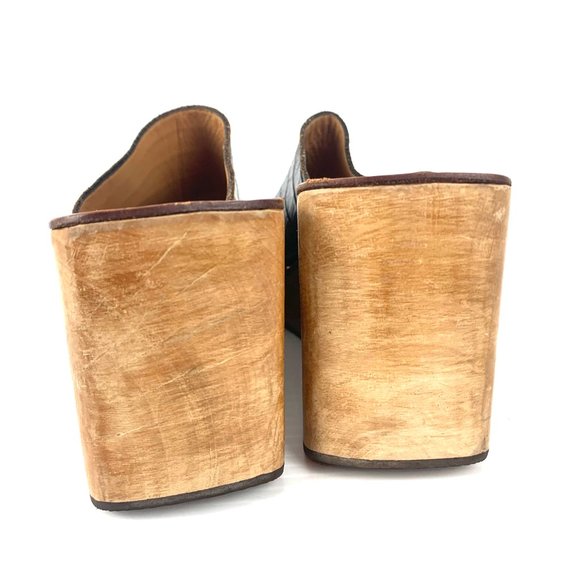 RALPH LAUREN Brown Embossed Leather Wooden Wedge Slip On‎ Sandals - Picture 7 of 9
